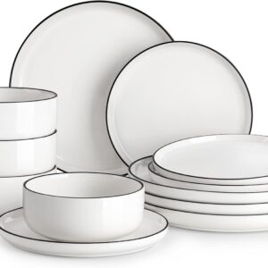 MALACASA Plates and Bowls Sets, 12 Pieces Modern Porcelain Dinnerware Set for 4 White Kitchen Dinner Dining Ware Set wtih Black Rim Ceramic Dishware Dishes Microwave and Dishwasher Safe, Series LUNA