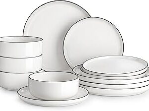 MALACASA Plates and Bowls Sets, 12 Pieces Modern Porcelain Dinnerware Set for 4 White Kitchen Dinner Dining Ware Set wtih Black Rim Ceramic Dishware Dishes Microwave and Dishwasher Safe, Series LUNA