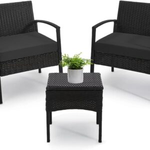 PROHIKER 3 PCS Patio Rattan Conversation Chairs Set, Outdoor Patio Furniture Balcony Furniture Set, Wicker Patio Set for Garden Porch Balcony Yard, Black