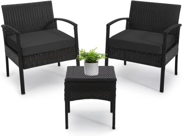 PROHIKER 3 PCS Patio Rattan Conversation Chairs Set, Outdoor Patio Furniture Balcony Furniture Set, Wicker Patio Set for Garden Porch Balcony Yard, Black