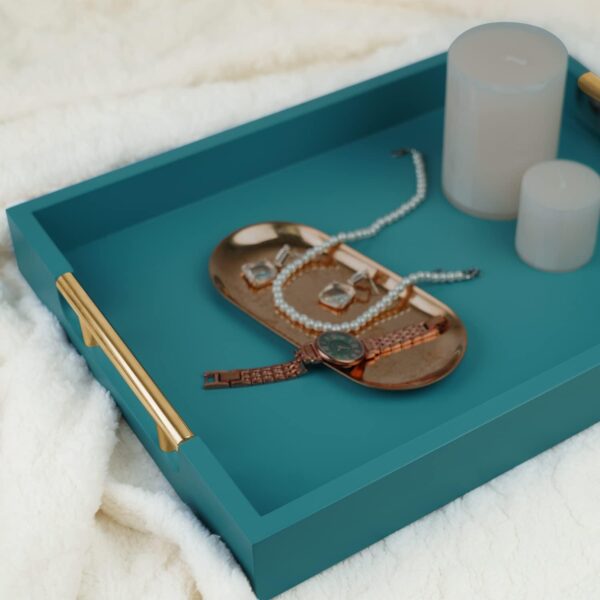 Wooden Decorative Coffee Table Tray, 16" Serving Tray with Handles, Matte Finish Decorative Tray, Ottoman Tray for Living Room, Perfume, Vanity Dresser Organizer (Teal Green) - Image 5