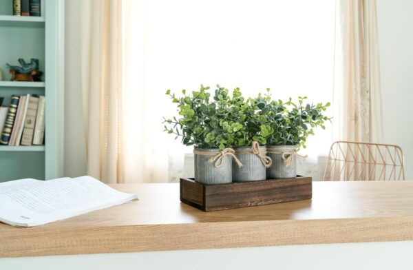 Dahey Centerpiece Table Decorations Coffee Table Decor Wood Tray 3 Galvanized Pots with Artificial Eucalyptus Plants Farmhouse Decor Table Centerpieces for Dinning Living Room Bath Kitchen, Brown - Image 3