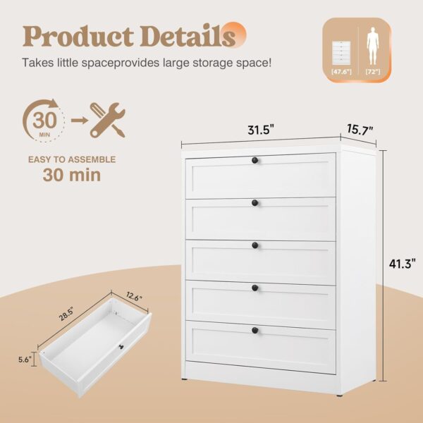 Letaya 5-Drawer Dresser for Bedroom, Metal Chest of Drawers Tall Closet Organizers and Storage Clothes, Accent Storage Cabinet for Living Room, Entryway, Hallway, White - Image 2