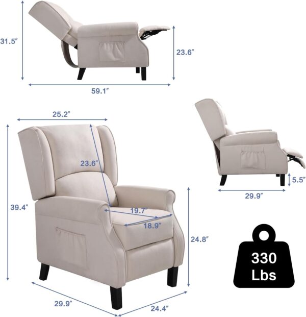 Wingback PushBack Recliner Chair with Massage& Heating, Wing Back Chairs with Arms, Adjustable Modern Single Reclining for Living Room/Bedroom, Linen Fabric, Ultra Thick Cushions (Beige) - Image 2