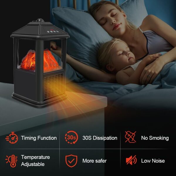 Portable Small Electric Fireplace Heater 3-Color Flame 900W Freestanding Space Heater Mini Electric Stove Heater with 4 Sided 59-90℉ Thermostat 12h-Timer Remote Control Overheat&Tip-Over Protection - Image 7