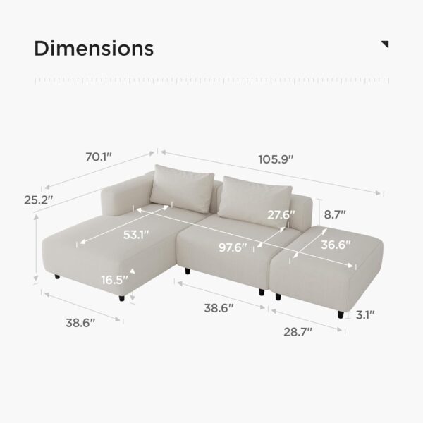 Acanva Soft Corduroy Sectional Modular Sofa Set, Modern L-Shaped Chaise Couch for Living Room, Apartment, Office, Small Spaces, Cream - Image 2