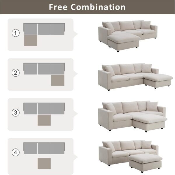 100.4" Modular Sectional Sofa for Living Room, Modern Convertible L Shaped Cloud Couch Set with Ottoman, 4 Seater Polyester Fabric Sofa with 2 Pillows for Apartment Office - Image 4