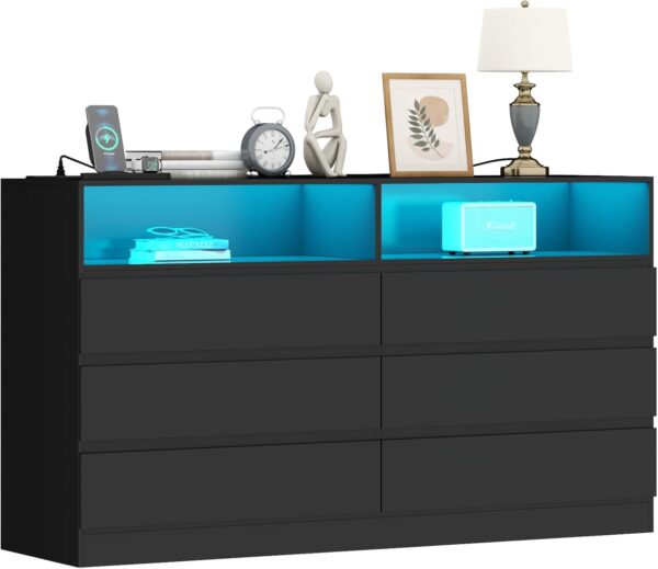 Loomie 6 Drawer Dresser for Bedroom, Wide Chest of Drawers with Charging Station and LED Lights, Traditional Bedroom Furniture, Modern Storage Dresser TV Stand for Living Room (Black) - Image 4