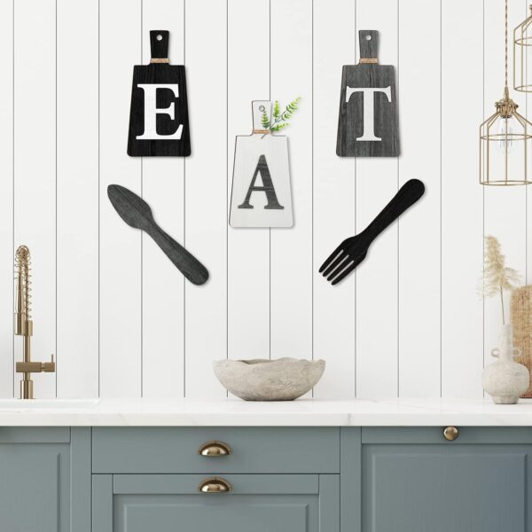 Jetec Cutting Board Eat Sign Set Hanging Art Kitchen Eat Sign Fork and Spoon Wall Decor Rustic Primitive Country Farmhouse Kitchen Decor for Kitchen and Home Decoration (Black, White, Gray) - Image 5
