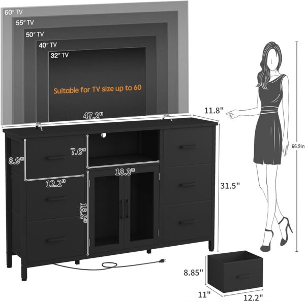 Dresser,Black Dresser for Bedroom Dresser TV Stand with Charging Station for 60" TV Long 6 Drawer Dresser for Bedroom with LED Light Large Fabric Dresser Organizer Unit Tall Chest of Drawers for Kids - Image 3