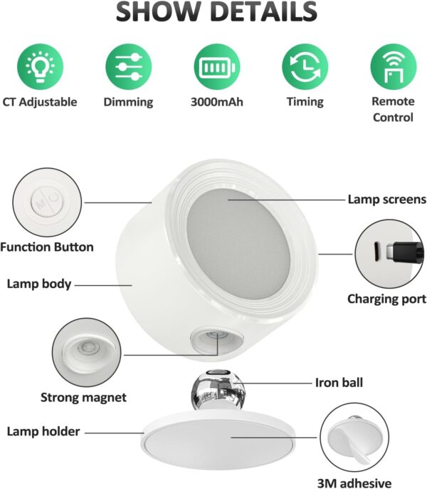 LED Wall Sconces 3 Pcs with Remote, Wall Mounted Lights Rechargeable Battery Operated, 3 Color Temperatures & Dimmable Wall Lamp Magnetic 360° Rotation Wireless Light for Bedroom Living Room - Image 6