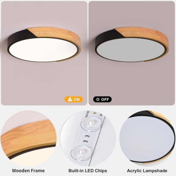 Vikaey Modern LED Ceiling Light, Minimalist Wood Flush Mount Ceiling Light Fixture, 4000K Not Dimmable, Circle Lighting Lamp with Acrylic Lampshade for Bedroom Laundry Room Hallway (Black,11.8") - Image 7