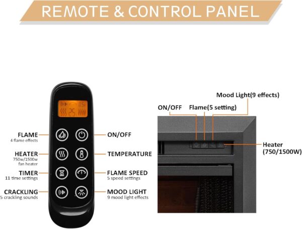 LegendFlame® Damon 35" W Electric Fireplace Insert with Glass Door and Mesh Screen (EF264B), Fireplace Heater 750/1500W, Fire Crackling Sound, Remote Control. - Image 5