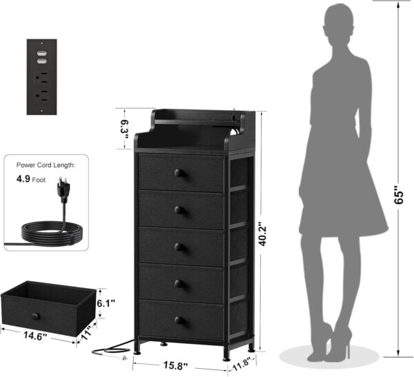 REAHOME Dresser for Bedroom with Charging Station and LED Lights, 5 Drawers Dresser Black Chest of Drawers with Shelves, Tall Night Stand with Sturdy Steel Frame & Wood Top for Bedroom - Black Grey - Image 3