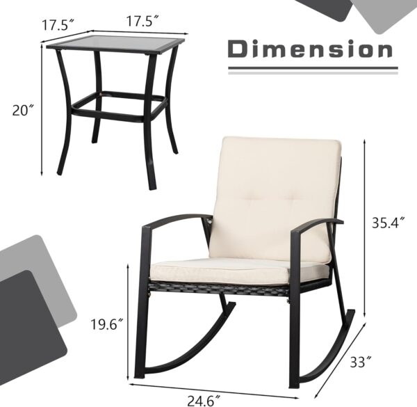 Shintenchi 3 Pieces Rocking Bistro Set Wicker Patio Outdoor Furniture, 2 Rattan Porch Chairs Conversation Sets with Glass Coffee Table (Beige) - Image 5
