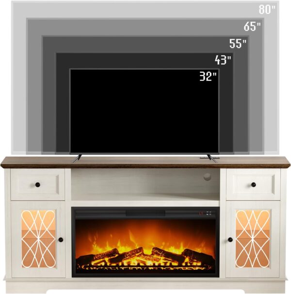 Fireplace TV Stand, Farmhouse Entertainment Center with 36" Electric Fireplace and Led Lights, for 80 Inch TV, Fire Place TV Stands for Living Room with Glass Door Closed Storage - Image 2