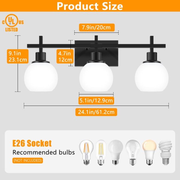 Modern Vanity Lighting Fixtures,3-Light Black Bathroom Lighting Fixtures Over Mirror，Bathroom Wall Mounted Vanity Light with Milky White Glass Lampshade for Living Room，Bedroom，Hallway - Image 2