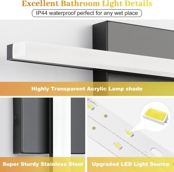 Combuh LED Bathroom Vanity Light Bar 16 Inch 9W Black IP44 Over Mirror Lighting Fixture Wall Sconce Indoor Modern Cool White 6000K - Image 3