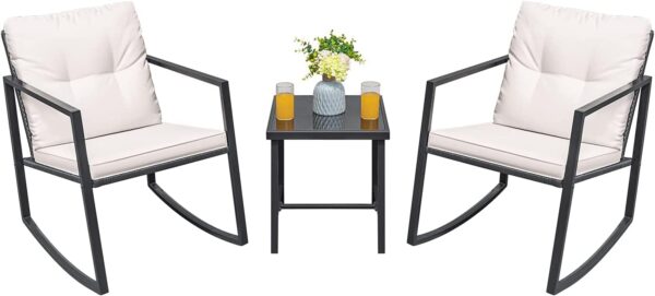 Greesum 3 Pieces Rocking Wicker Bistro Set, Patio Outdoor Furniture Conversation Sets with Porch Chairs and Glass Coffee Table, Beige - Image 3