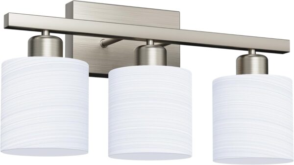PARTPHONER Bathroom Light Fixtures, Bathroom Lighting Fixtures Over Mirror, Classic Vanity Lights, Modern Bathroom Vanity Light with Textured Frosted Opal White Glass Shades, Brushed Nickel, 3-Light - Image 2