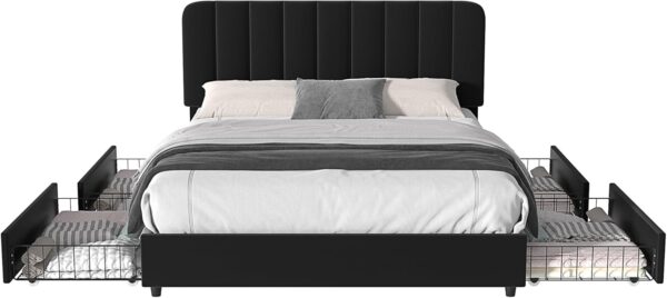 VECELO Queen Size Upholstered Bed Frame with 4 Drawers and Adjustable Headboard, Velvet Platform Storage Bedframe Mattress Foundation, Wooden Slats Support, No Box Spring Needed, Black - Image 7