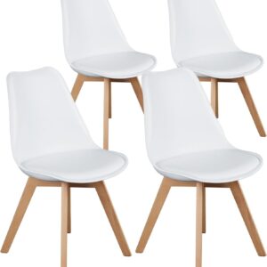OLIXIS Set of 4 Dining Kitchen Mid-Century Modern Chairs with Wood Legs and PU Leather Cushion for Living Room Bedroom Outdoor Lounge, White