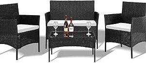 Outvita 4 Pieces Patio Furniture Set, Rattan Conversation Sets with Loveseat Soft Cushion and Glass Table for Garden Backyard Balcony Porch Poolside(Black)