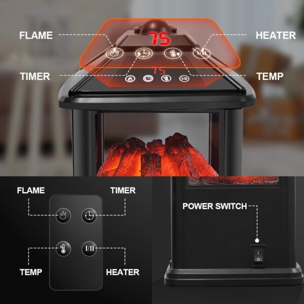 Portable Small Electric Fireplace Heater 3-Color Flame 900W Freestanding Space Heater Mini Electric Stove Heater with 4 Sided 59-90℉ Thermostat 12h-Timer Remote Control Overheat&Tip-Over Protection - Image 4