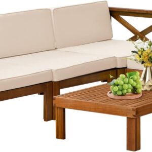 5-Piece Acacia Wood Outdoor Sofa Set Patio Bistro Set Furniture Outdoor Chat Conversation Table Chair Set with Water Resistant Cushions and Coffee Table for Beach Backyard Garden
