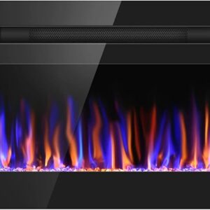 50" Electric Fireplace Upgrade Electric Fireplace Heater Recessed & Wall Mounted, 750/1500W Linear Fireplace Electric Fireplace Insert with 12 Adjustable Flame Colors, Bracket, Timer, Remote Control