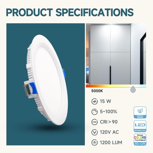 ECOELER 6 Inch LED Recessed Ceiling Light with Junction Box, Slim LED Dimmable Downlight with Baffle Trim, 5000K Day Light, 15W 1200LM, ETL & Energy Star Listed, 6 Pack - Image 4