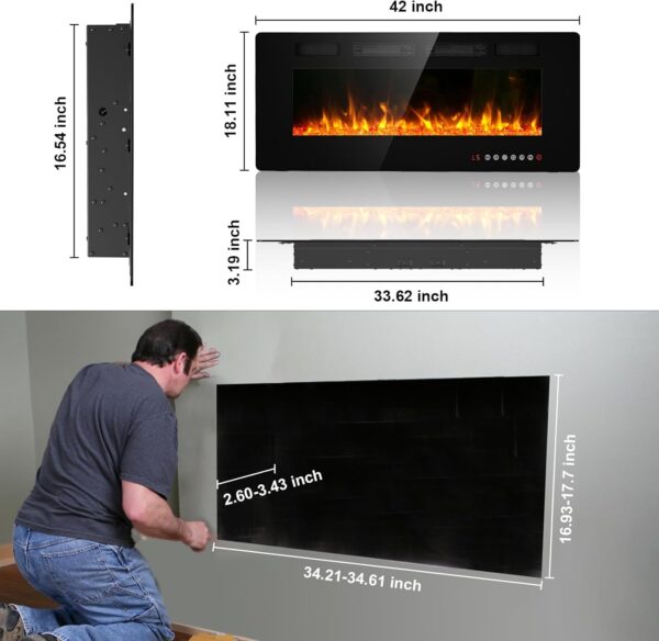 BREEZEHEAT 42 inch Electric Fireplace Wall Mounted/Freestanding-Ultra Thin Fireplace Inserts for Living Room with Double Heat Vent, Remote Control, Touch Screen, Led Flame, 8H Timer, 750w/1500w - Image 7