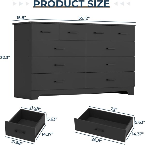 DICTAC Black Bedroom Dresser with 10 Drawers, Large Chest of Drawers Storage Organizer, Long Dresser TV Stand with Power Outlets, Wide Dresser for Bedroom, Living Room (55.1" W x 32.3" H x 15.8" D) - Image 2