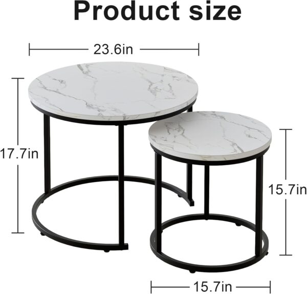 aboxoo Round Nesting Coffee Table Side Table Set of 2 End Tables for Living Room Bedroom Balcony, White Faux Marble Wooden Table Accent Coffee Table with Black Steel Frame - Image 3