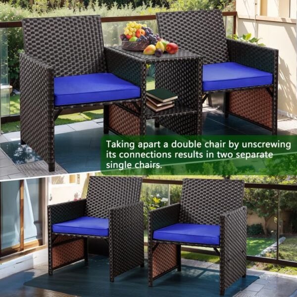 Shintenchi Wicker Patio Conversation Furniture Set with Detachable Chairs & Table and Two Removable Cushions,Rattan Wicker Lover Chair for Patio,Garden, Courtyard and Lawn Backyard (Blue) - Image 2