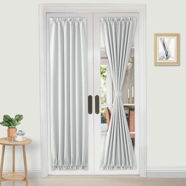DWCN French Door Curtains – Rod Pocket Thermal Blackout Curtain for Doors with Glass Window, Kitchen and Patio Doors for Privacy, 25 X 72 Inches long, 1 Curtain Panel with Tieback, Greyish White