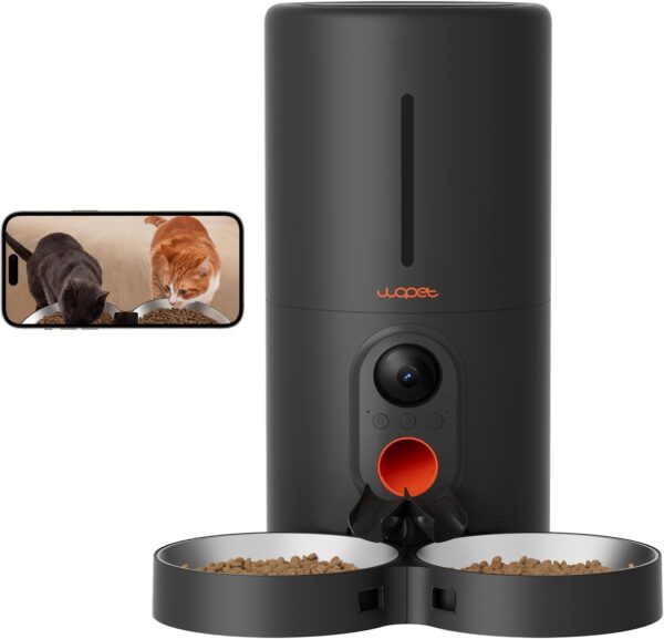 WOPET Automatic Cat Feeder with Camera for Two Cats, 1080p HD Automatic Dog Feeder, 5G WiFi Pet Feeder with Night Vision for Cat & Dog, SD Card Storage & 2-Way Audio,Black 6L