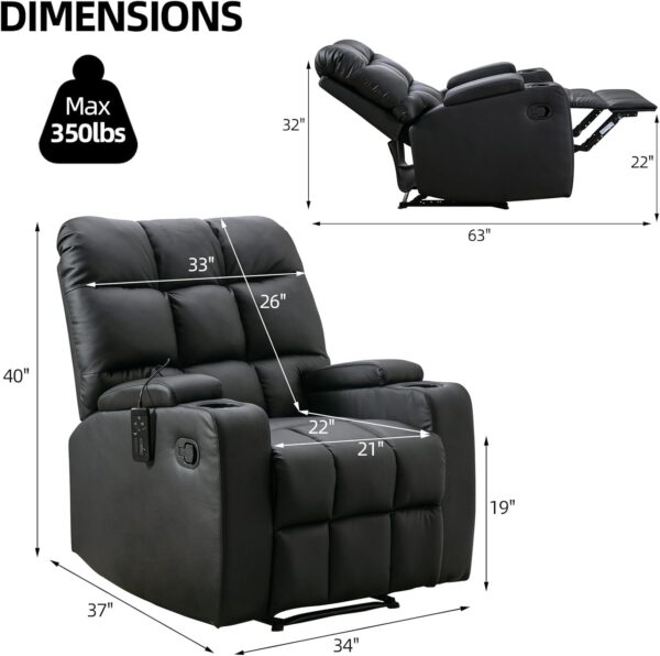 Phoenix Home Manual Recliner Chair, Breathable Faux Leather Reclining Chairs with Overstuffed Arm and Back, Living Room Single Sofa Recliners with Massage, Black - Image 2