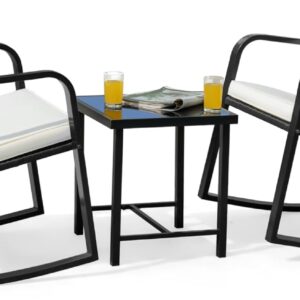 Flamaker Patio Chairs 3 Piece Wicker Rocking Chair Outdoor Bistro Sets with Coffee Table and Cushions Metal Frame Patio Furniture for Porch, Balcony, Lawn (White)