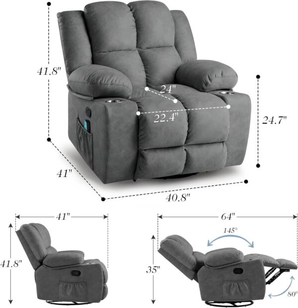 Oversized Swivel Rocking Recliner Chairs for Adults, Lazy Boy Reclining Glider with Cup Holder and Massage,Wide Fabric Rocker Single Sofa for Living Room Bedroom, Dark Grey - Image 2