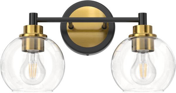 VONLUCE Bathroom Light Fixtures, 2-Light Bathroom Vanity Light with Globe Glass Shades E26 Sockets, Bathroom Lights Over Mirror for Bedroom Hallway Living Room, Black & Gold Finish