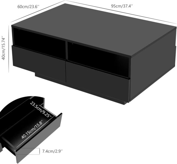 St.Mandyu LED Coffee Table with Storage Drawers,Modern High Glossy Center Table with 20 Colors LED Lights for Living Room (Black) - Image 3