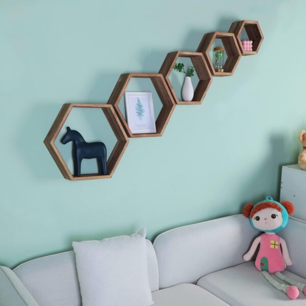 PHOENANCEE Hexagon Floating Shelves,Honeycomb Shelf Set of 5,Octagon Shelves Wall Mounted Hanging Storage Cube Wood for Bathroom Kitchen Bedroom Living Room Office Home - Image 4