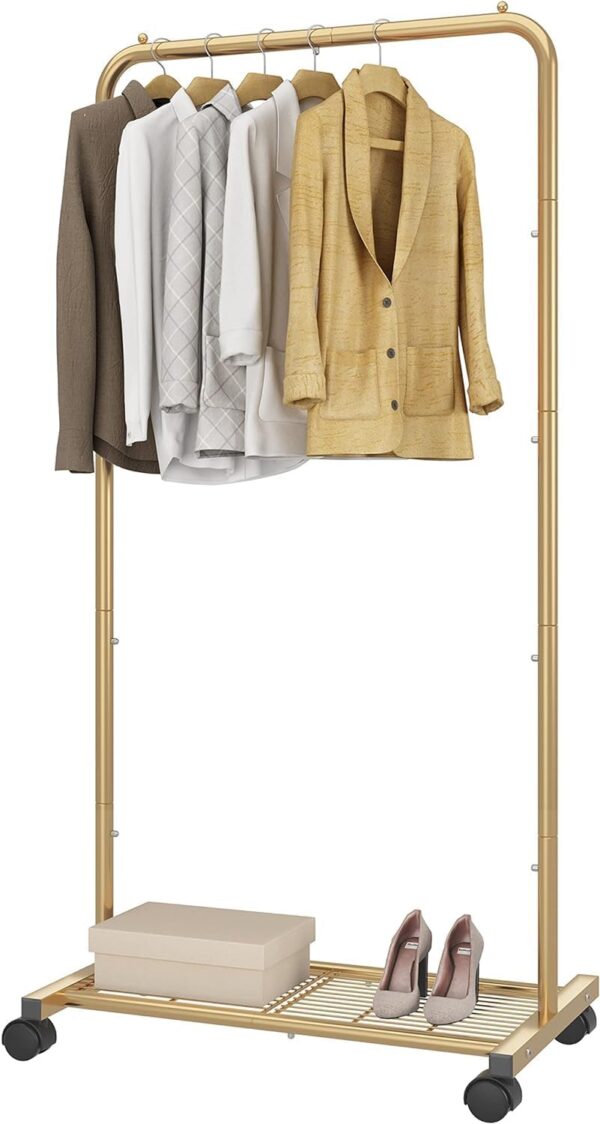 Simple Trending Standard Clothes Garment Rack, Clothing Rolling Rack with Mesh Storage Shelf on Wheels, Golden Yellow - Image 2