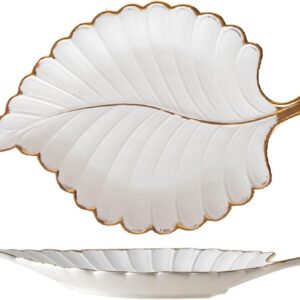 Jewelry Tray Ceramic Ring Holder Dish 10.6" x 7.9" White Key Bowl Birthday Gifts for Women Leaf Aesthetic Coffee Table Decor Cute Room Apartment Bathroom Dresser Decor Bridesmaid Wedding Gifts