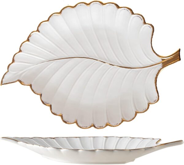 Jewelry Tray Ceramic Ring Holder Dish 10.6" x 7.9" White Key Bowl Birthday Gifts for Women Leaf Aesthetic Coffee Table Decor Cute Room Apartment Bathroom Dresser Decor Bridesmaid Wedding Gifts