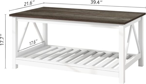 Farmhouse Coffee Table for Living Room, 2-Tier Rectangular Wooden Centre Cocktail Table with Slats Shelf Storage and V-Shaped Frame, Dark Oak - Image 2