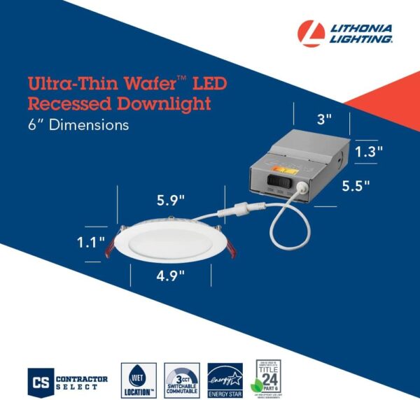 Lithonia Lighting WF6 LED 30K40K50K 90CRI MW M6 Recessed Wafer Downlight with Ultra Thin Round Trim, Color Temperature Selectable, 3000K | 4000K | 5000K, 6-Inch, Matte White - Image 5