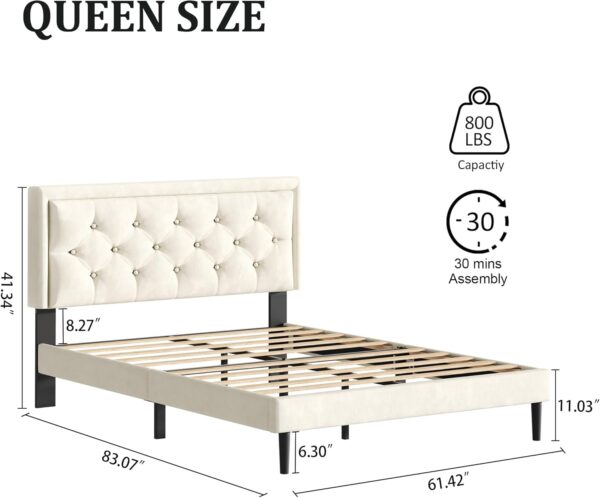 Queen Size Platform Bed Frame with Upholstered Velvet Button Tufted Headboard, Mattress Foundation with Wooden Slat Support, No Box Spring Needed, Easy Assembly, Noise Free, Beige - Image 2