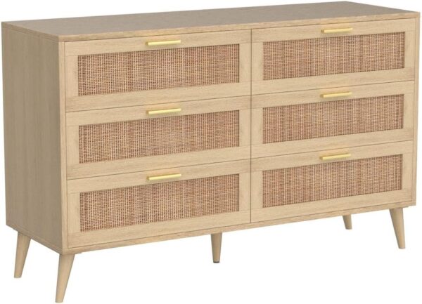 Rovaurx 6 Drawer Double Dresser for Bedroom, Rattan Chest of Dressers, Modern Wooden Dresser Chest with Golden Handles, Beside Table for Closet, Living Room and Entryway, Natural RDG001M - Image 5